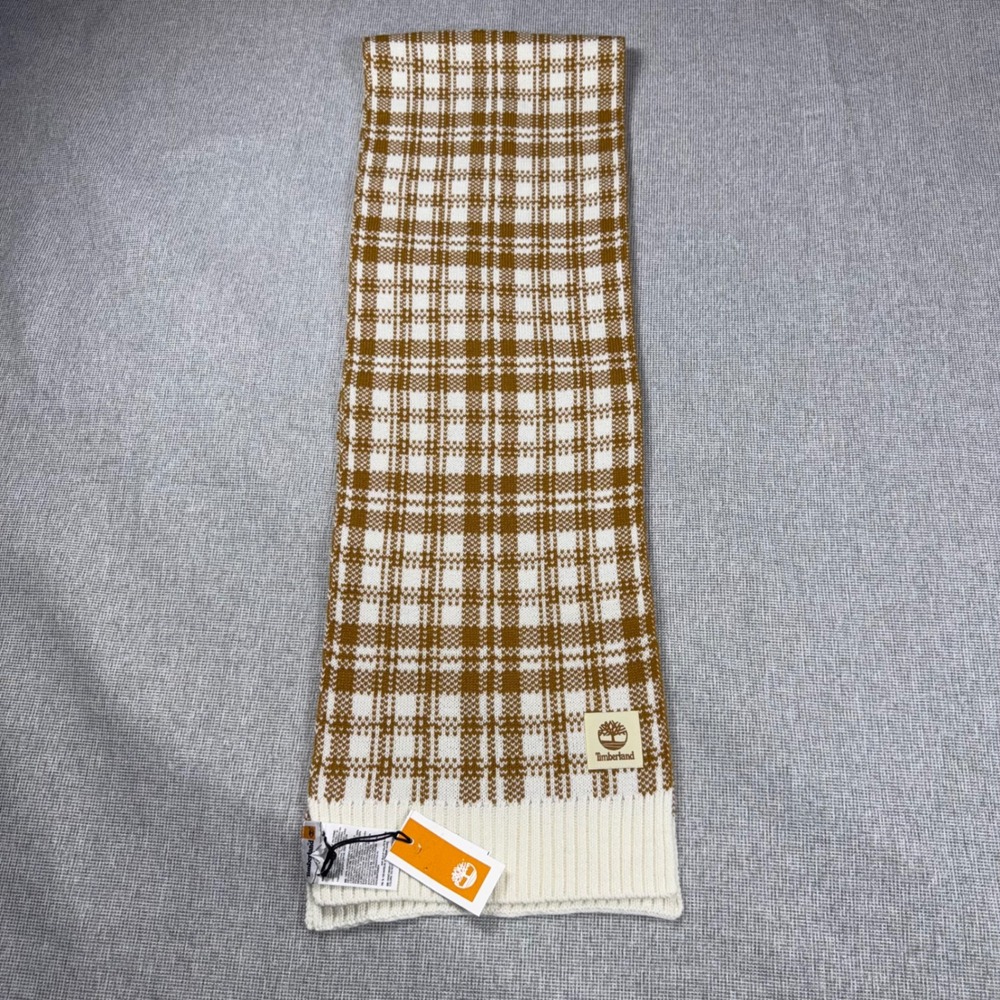 Timberland Wheat White Plaid Knit Scarf Winter Ribbed Logo Patch New